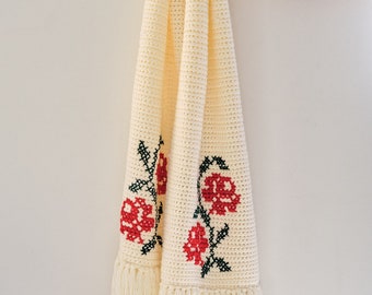 Rose Design Scarf, Beige crochet wrap, Floral Scarf, Fringe Scarf, Long Fringe Scarf, Beige Rose Crochet Wrap, Crochet Rose scarf