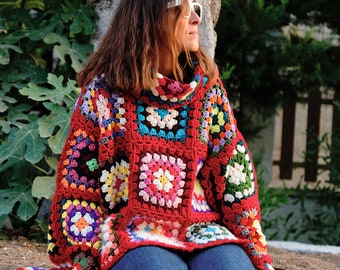 Crochet Sweater, Chunky Knit Sweater, Colorful Sweater, Handknit Sweater, Cozy Colorful Sweater, Skii Sweater, Red Chunky sweater