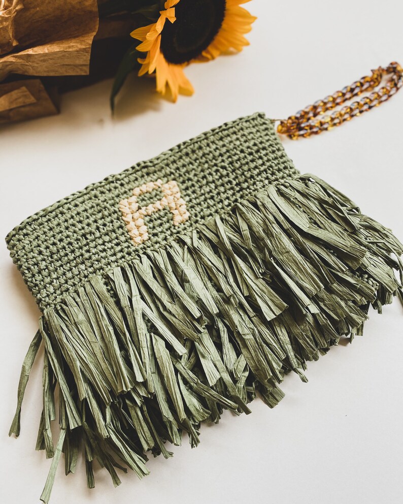 Crochet Green Fringe Clutch Purse With Customizable Letter Etsy