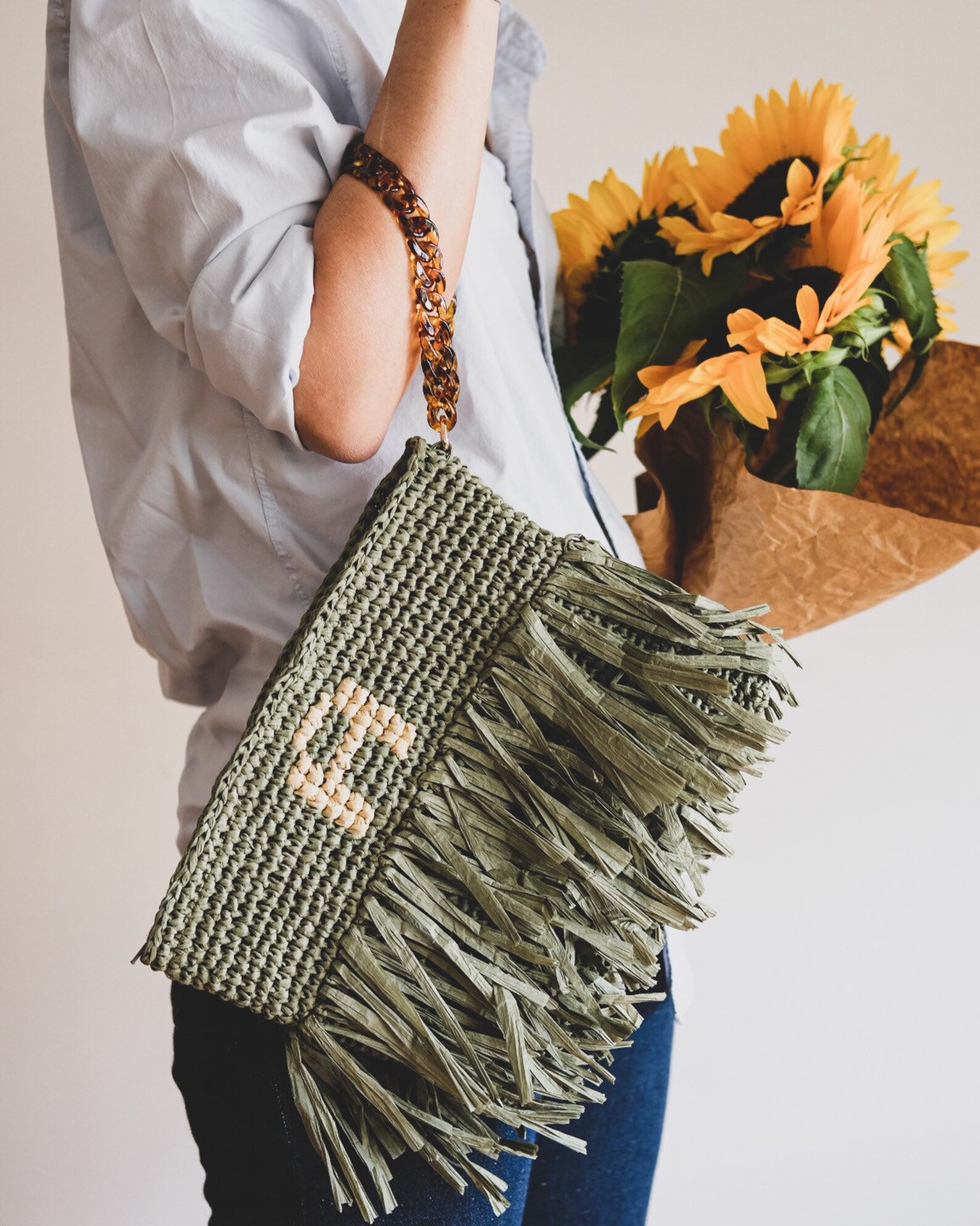 Crochet Green Fringe Clutch Purse With Customizable Letter Etsy