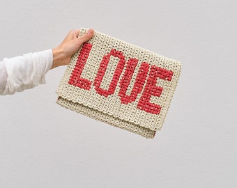 Love You Red natural color Clutch or purse made from paper Yarn Summer Bag, Summer Purse, personalized Bag, Summer purse, Summer Clutch