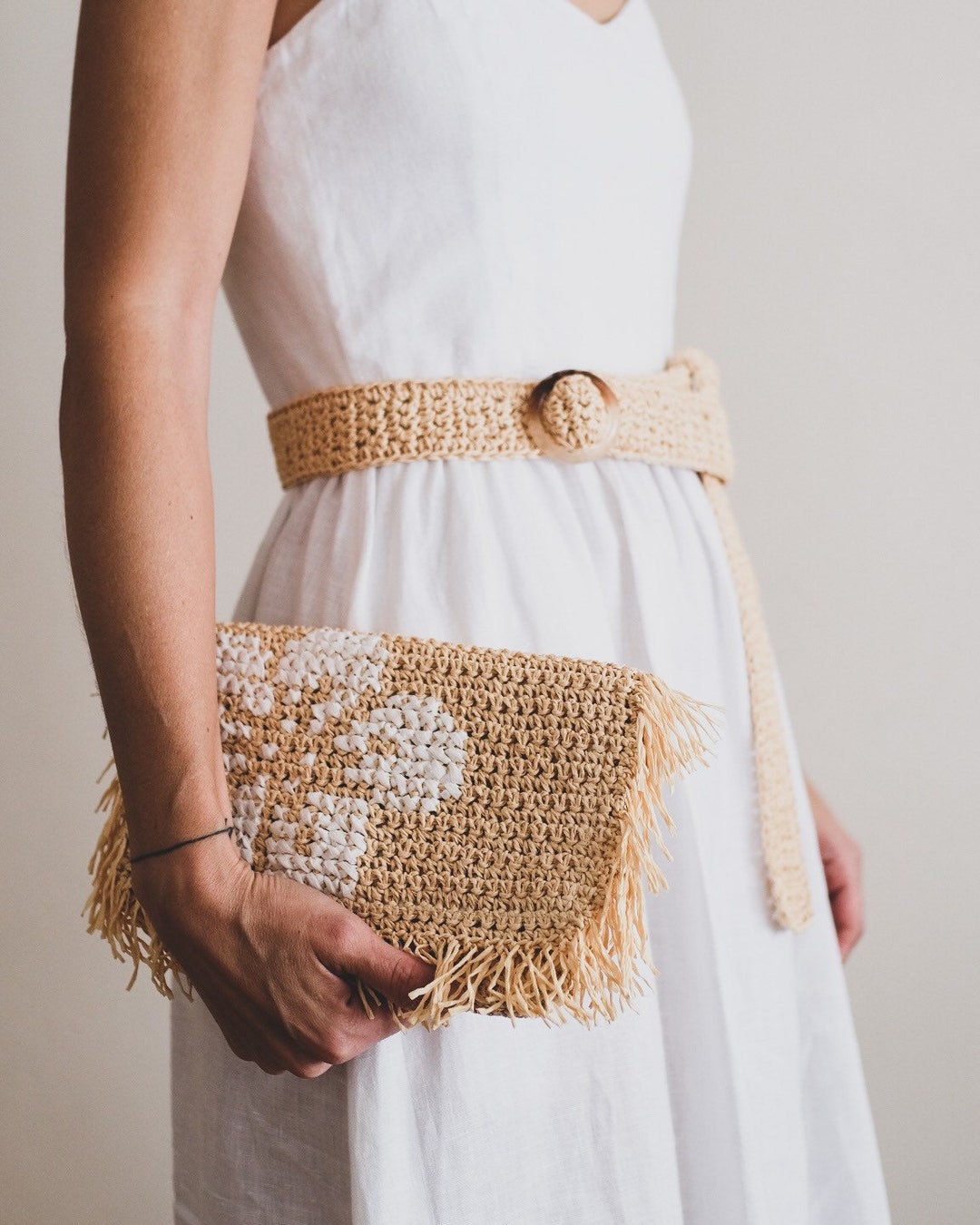 Crochet Straw Belt Bag or Hip Bag With Floral Pattern and Etsy