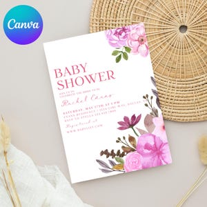 Editable Pink Baby Shower Invitation, Girl Baby Shower Template, Spring Floral Invite, Canva Instant Download