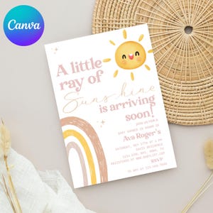 Sunshine Baby Shower Invitation, A Little Ray of Sunshine Invite, Girl Baby Shower Template, Editable Canva Download