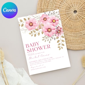 Pink Floral Baby Shower Invitation, Girl Baby Shower Invite, Spring Baby Shower Template, Editable Canva Invitation