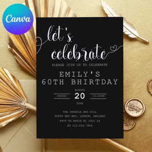 Invito nero modificabile, invito per la festa "Festeggiamo", modello per compleanno a sorpresa, invito digitale per anniversario, download Canva