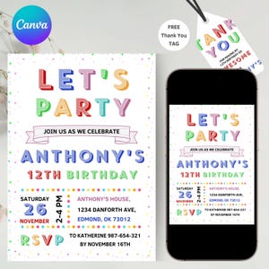 Kleurrijke verjaardagsuitnodiging, bewerkbare canvassjabloon, uitnodiging kinderfeestje, uitnodiging Rainbow Boys, uitnodiging Rainbow Boys, digitale download, gratis bedanktag
