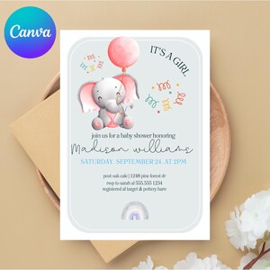 Girl Elephant Baby Shower Invitation, Pink Balloon Theme, Editable Template, Instant Download, Digital Invite