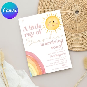 A Little Ray of Sunshine Baby Shower Invitation, Sunshine Girl Invite, Editable Template, Canva Download for Baby Shower