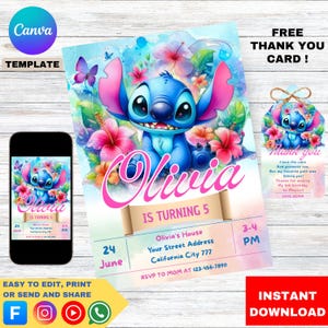 Stitch Birthday Invitation Editable Template, Canva Editable Birthday Invitation, Stitch Birthday Party Invitation, Invite Canva Template