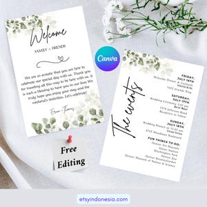 Modèle de carte d'événement de mariage minimaliste, toile modifiable, téléchargement immédiat, chronologie modifiable, note de sac de bienvenue moderne