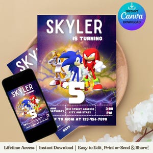 Super Sonic Birthday Invitation for 3rd Birthday, Sonic Hedgehog Party Invite, Editable Canva Template, Instant Download