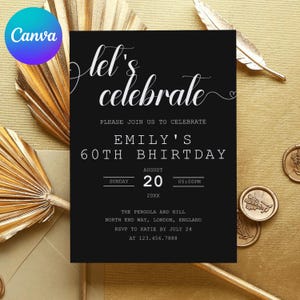 Modello di invito per festeggiare, invito di compleanno a sorpresa modificabile, invito digitale nero, modello per festa di anniversario, modificabile con Canva