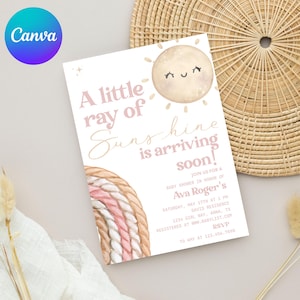 A Little Ray of Sunshine Baby Shower Invite, Sunshine Baby Invitation, Girl Sunshine Shower Template, Editable Canva Download