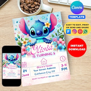 Stitch Birthday Invitation Editable Template, Canva Editable Birthday Invitation, Stitch Birthday Party Invitation, Invite Canva Template