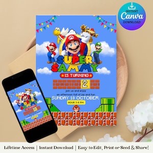 Convite para festa do Mario Bros, editável e imprimível, cartão de aniversário do Super Mario, modelo do Canva, presente para download instantâneo