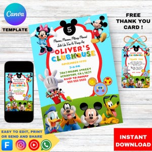 Mickey-uitnodiging, clubhuis verjaardagsuitnodiging, bewerkbare canva-sjabloon, Mickey Mouse-feestje, digitale download, gratis bedankkaartje