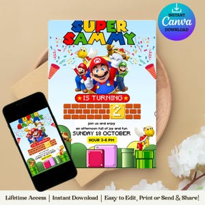 Invitation modifiable de Super Mario, modèle d'invitation d'anniversaire, téléchargement numérique pour le jour de l'anniversaire, invitation imprimable de fête de Mario Bros