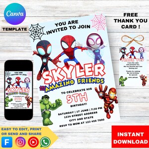 Spidey and His Amazing Friends Invitation, Watercolor Superhero Birthday Invite, Editable Template, Mobile and Printable Version