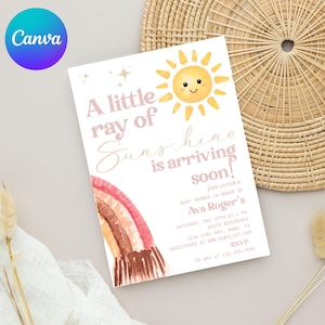 A Little Ray of Sunshine Baby Shower Invitation, Sunshine Girl Invite, Editable Template, Canva Download for Baby Shower