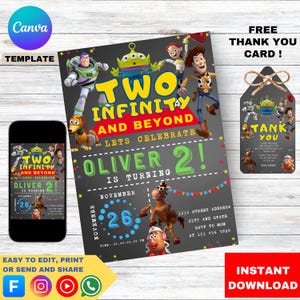 Verjaardagsuitnodiging speelgoedthema, uitnodiging twee oneindig en verder, bewerkbaar in canvas, 2e verjaardagsfeestje, digitale sjabloon, Instant Download