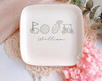 Personalized Golf Ring Dish, Custom Name Ceramic Jewelry Tray, Golf Lover Gift