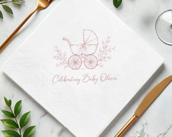 Personalized Vintage Baby Carriage Napkins, Pink Baby Girl Shower Decor