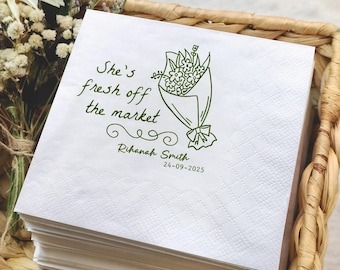 Personalized Fresh Off The Market Napkins, Custom Wedding Guest Towels, Engagement Cocktail Napkins, Bachelorette Napkins, Elegant Towels