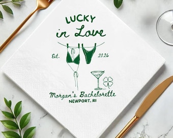 Servilletas para despedida de soltera "Lucky In Love", servilletas para despedida de soltera de San Patricio, servilletas personalizadas con nombre de Bach