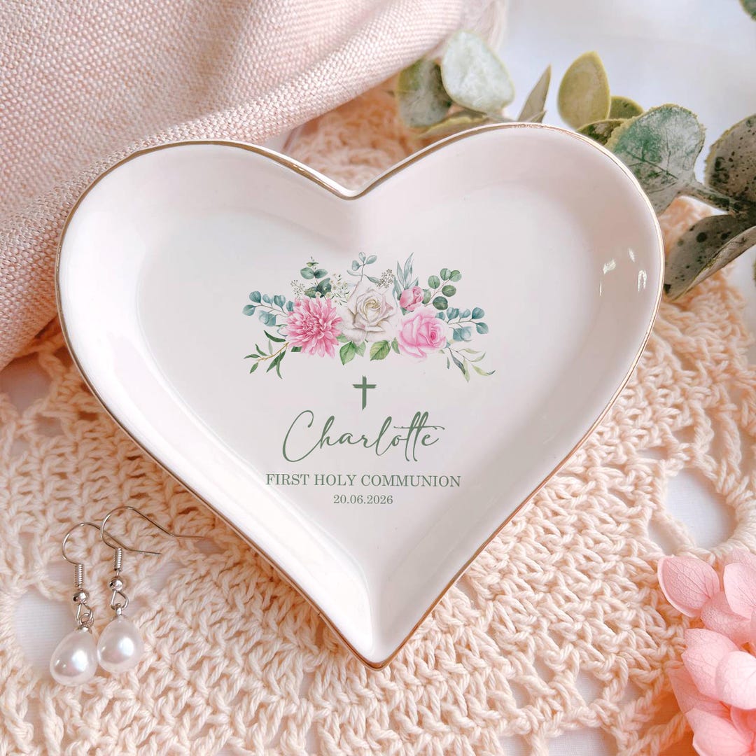 Personalized First Holy Communion Ring Dish, Floral Cross Heart Jewelry ...