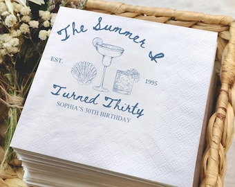 Personalized 30th Birthday Napkins: Custom Summer Cocktail Party Decor