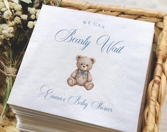 Personalized Teddy Bear Baby Shower Napkins, We Can Bearly Wait Blue Decor