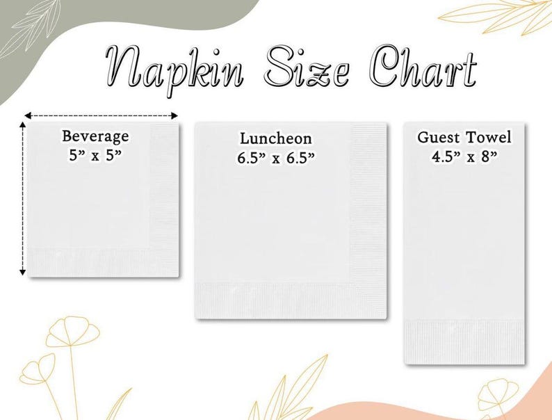 Peut inclure: Un tableau des tailles de serviettes blanc, avec trois tailles : Boisson (12,7 cm x 12,7 cm), D&eacute;jeuner (16,5 cm x 16,5 cm) et Serviette d'invit&eacute; (11,4 cm x 20,3 cm). Le texte "Napkin Size Chart" est en haut.