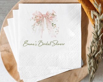 Personalized Floral Bow Bridal Shower Napkins, Custom Pink Wedding Shower