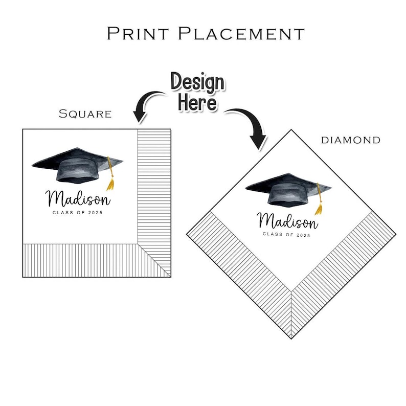 Peut inclure: Diagramme montrant les options de placement d'impression pour les articles sur le th&egrave;me de la remise des dipl&ocirc;mes. Le motif pr&eacute;sente un chapeau de graduation avec le nom "Madison" et "Class of 2025". Le motif peut &ecirc;tre plac&eacute; sur des articles de forme carr&eacute;e ou en losange.