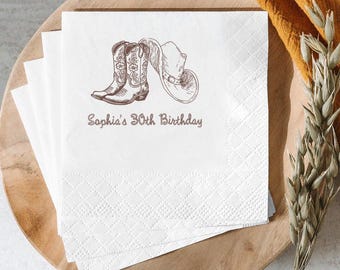 Personalized Cowgirl Birthday Napkins, Custom Cowboy Boots Cocktail Napkins, Rodeo Party Decor