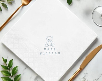 Personalized Teddy Bear Cocktail Napkins, Minimalist Baby Shower Decor