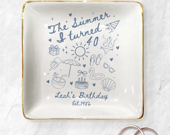 Personalized 40th Birthday Ring Dish, Summer Theme Jewelry Tray