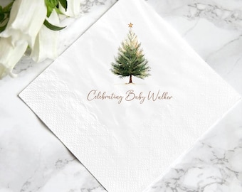Personalized Christmas Tree Napkins, Custom Name Baby Shower Napkins, Holiday Party Decor