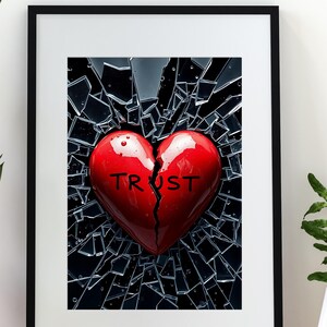 Gebrochenes Vertrauen Herz Kunstdruck | Rotes zerbrochenes Herz Wanddekor | Trennung Digitaler Download | Glasscherben Kunstwerk