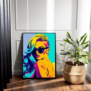 Retro Pop Art Portrait Digital Download | 80s Neon Woman Sunglasses Wall Art Print | Vibrant Fashion Illustration