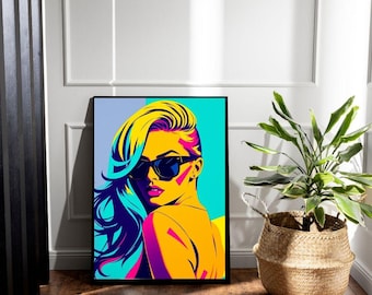 Retro Pop Art Portrait Digital Download | 80s Neon Woman Sunglasses Wall Art Print | Vibrant Fashion Illustration