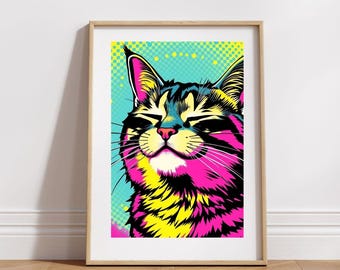 Colourful Pop Art Cat Portrait Printable Wall Art | Neon Pink Yellow Digital Download | Cat Lover Home Decor Gift