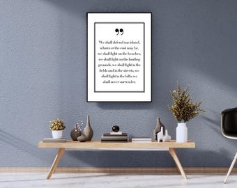 Winston Churchill "We Shall Never Surrender" Quote Wall Art | Historical Speech Print | Minimalist Typography Poster UK