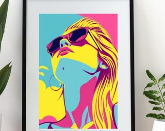 Popart vrouw portret digitale download | Retro neonkunst aan de muur | Kleurrijke moderne kunstafdruk | Mode-illustratie