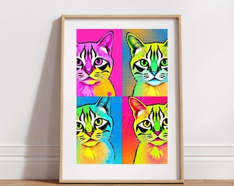 Pop Art Cat Portrait Digital Download | Colourful Pet Wall Art | Modern Cat Lover Gift | Printable Home Decor UK