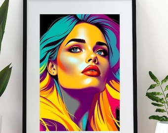 Vibrant Pop Art Portrait Digital Download | Colourful Woman Wall Art Print | Modern Neon Artwork | Digital Wall Decor