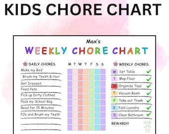 Puede incluir: Un gráfico de tareas semanal para niños colorido e imprimible con el título "Max's Weekly Chore Chart". El gráfico incluye tareas diarias como hacer la cama, cepillarse los dientes y vestirse. También incluye tareas semanales como poner la mesa, fregar el suelo y sacar la basura. El gráfico tiene una cuadrícula con los días de la semana y casillas de verificación para completar las tareas.