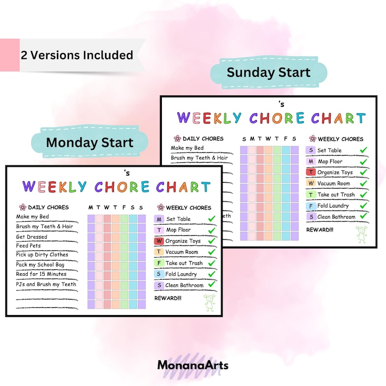 Printable Kids Chore Chart for Girl | Kids Daily Weekly Responsibility ...