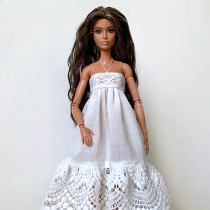 White long boho dress with lace for doll clothes for doll 11,5  inch 30 sm doll outfit for Poppy parker integrity Fashion Doll Clothing